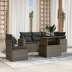 Set de muebles de jardín 6 pzas y cojines ratán sintético gris