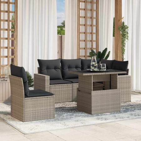 Set de sofás de jardín 6 pzas y cojines ratán sintético gris