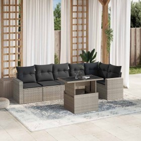 Set de sofás de jardín 7 pzas con cojines ratán PE gris claro
