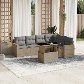 Set sofás de jardín 7 piezas y cojines ratán sintético beige