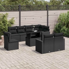 Set de sofás de jardín 8 piezas y cojines ratán sintético negro