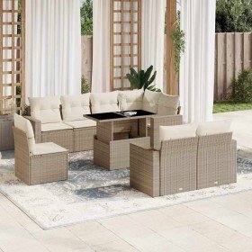 Set de sofás de jardín 9 pzas con cojines ratán sintético beige