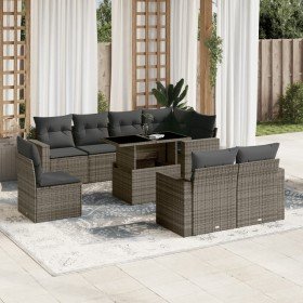 Set de muebles de jardín 9 pzas y cojines ratán sintético gris