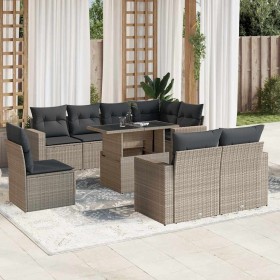 Set muebles jardín 9 pzas y cojines ratán sintético gris claro