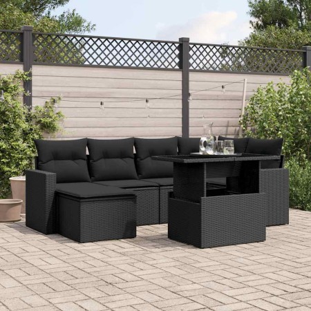 Set de sofás de jardín 7 pzas con cojines ratán sintético negro