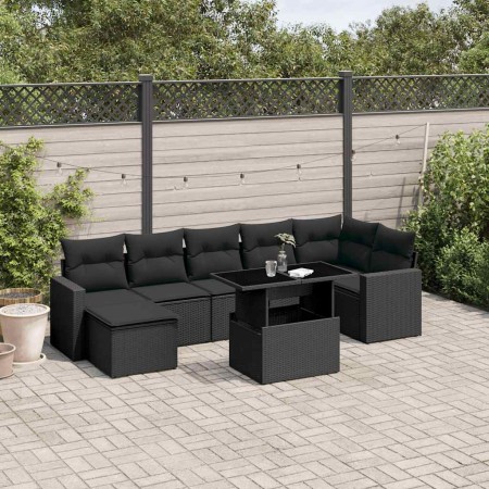Set de sofás de jardín 8 piezas y cojines ratán sintético negro