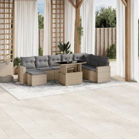 Set de sofás de jardín 9 pzas con cojines ratán sintético beige