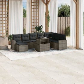Set de muebles de jardín 9 pzas y cojines ratán sintético gris