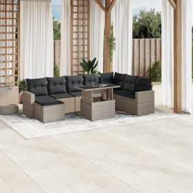 Set muebles jardín 9 pzas y cojines ratán sintético gris claro