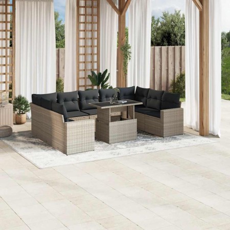 Set sofás jardín 10 pzas con cojines ratán sintético gris claro