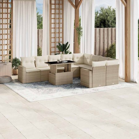 Juego de sofás jardín con cojines beige 10 pzas ratán sintético
