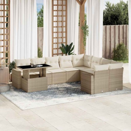 Juego de sofás jardín con cojines beige 10 pzas ratán sintético