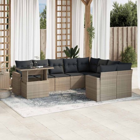 Set sofás jardín 10 pzas con cojines ratán sintético gris claro