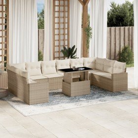 Set de sofás de jardín 11pzas con cojines ratán sintético beige Set de sofás de jardín 11pzas con cojines ratán sintético beige