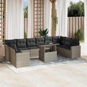 Set de sofás de jardín 11 pzas y cojines ratán sintético gris