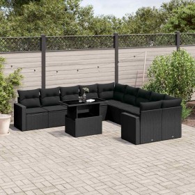 Set de sofás de jardín 11 pzas y cojines ratán sintético negro