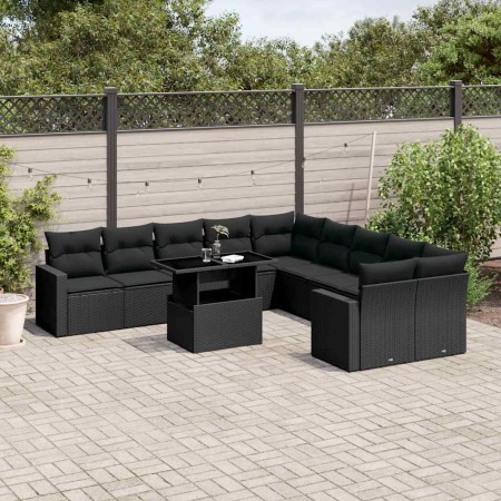 Set de sofás de jardín 11 pzas y cojines ratán sintético negro