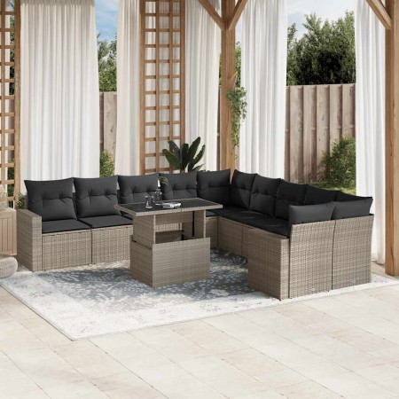 Set de sofás de jardín 11 pzas y cojines ratán sintético gris