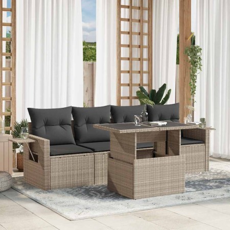 Set de sofás jardín y cojines 5 pzas ratán sintético gris claro