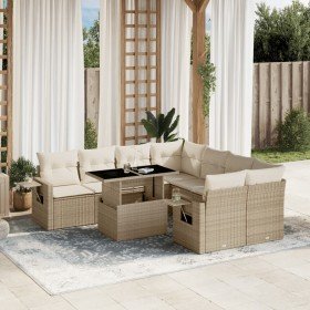 Set de sofás de jardín 9 pzas con cojines ratán sintético beige Set de sofás de jardín 9 pzas con cojines ratán sintético beige