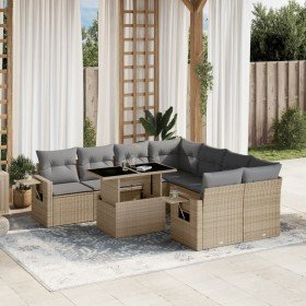 Set de sofás de jardín 9 pzas con cojines ratán sintético beige Set de sofás de jardín 9 pzas con cojines ratán sintético beige