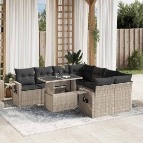Set muebles jardín 9 pzas y cojines ratán sintético gris claro