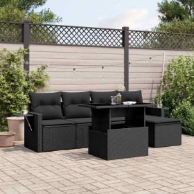Set de sofás de jardín 6 piezas y cojines ratán sintético negro