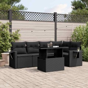 Set de sofás de jardín 6 piezas y cojines ratán sintético negro