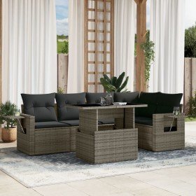 Set de muebles de jardín 6 pzas y cojines ratán sintético gris