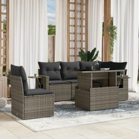 Set de muebles de jardín 6 pzas y cojines ratán sintético gris