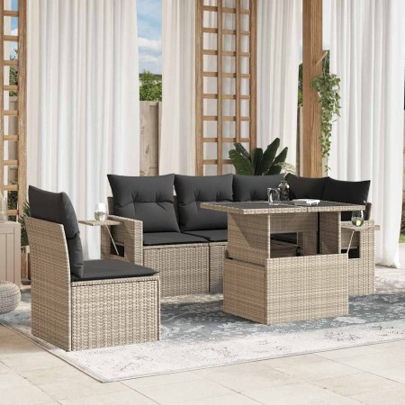 Set de sofás de jardín 6 pzas y cojines ratán sintético gris
