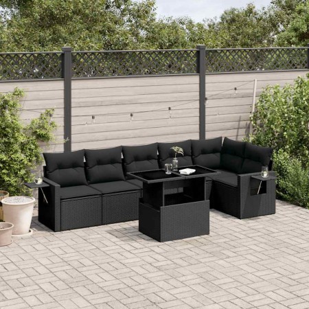 Set de sofás de jardín 7 pzas con cojines ratán sintético negro