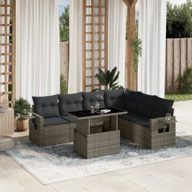 Set de sofás de jardín 7 pzas con cojines ratán sintético gris Set de sofás de jardín 7 pzas con cojines ratán sintético gris