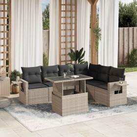Set de sofás de jardín 7 pzas con cojines ratán PE gris claro
