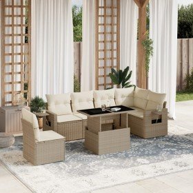 Set sofás de jardín 7 piezas y cojines ratán sintético beige
