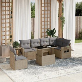 Set sofás de jardín 7 piezas y cojines ratán sintético beige