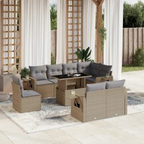 Set de sofás de jardín 9 pzas con cojines ratán sintético beige