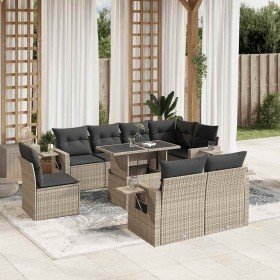 Set muebles jardín 9 pzas y cojines ratán sintético gris claro