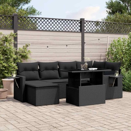 Set de sofás de jardín 7 pzas con cojines ratán sintético negro