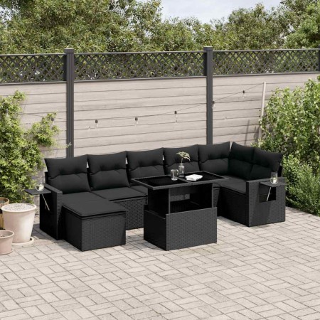Set de sofás de jardín 8 piezas y cojines ratán sintético negro