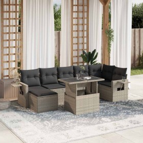 Set de sofás de jardín 8 pzas y cojines ratán sintético gris