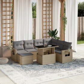 Set de sofás de jardín y cojines 8 piezas ratán sintético beige