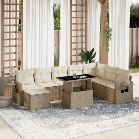 Set de sofás de jardín 9 pzas con cojines ratán sintético beige