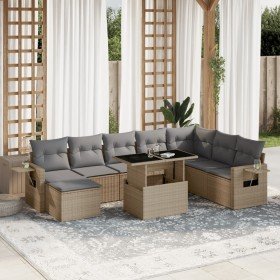 Set de sofás de jardín 9 pzas con cojines ratán sintético beige