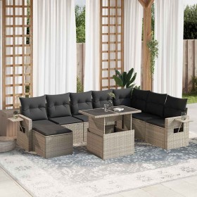 Set muebles jardín 9 pzas y cojines ratán sintético gris claro