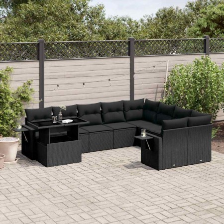 Set de sofás de jardín 10 pzas cojines ratán sintético negro