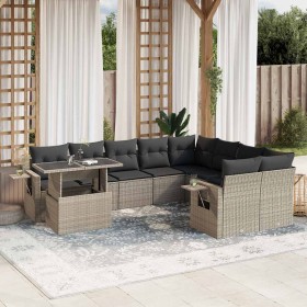 Set sofás jardín 10 pzas con cojines ratán sintético gris claro