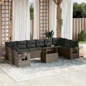 Set de sofás de jardín 11 pzas y cojines ratán sintético gris