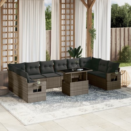 Set de sofás de jardín 11 pzas y cojines ratán sintético gris