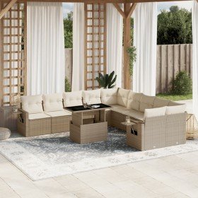 Set de sofás de jardín 11pzas con cojines ratán sintético beige